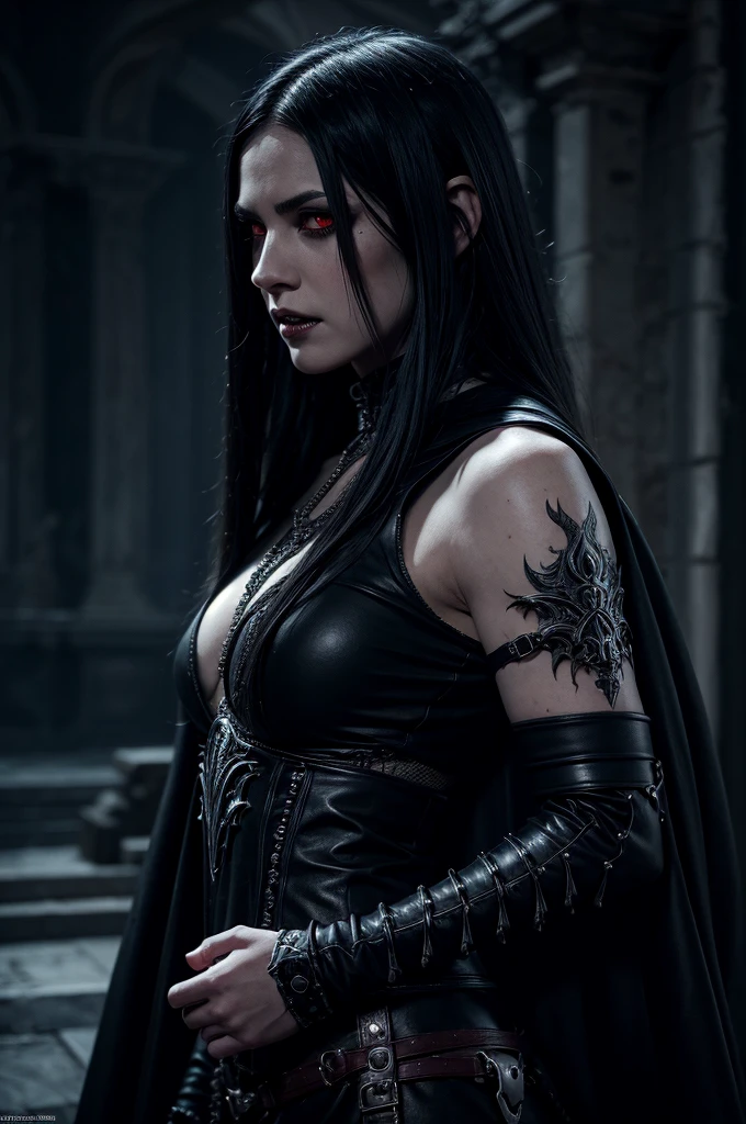 a high fantasy digital painting of an elder vampire, hyper detailed face, piercing red eyes, sharp fangs, long black hair, ornate silver armor, dark gothic cape, dramatic lighting, cinematic composition, epic fantasy dark, solo girl