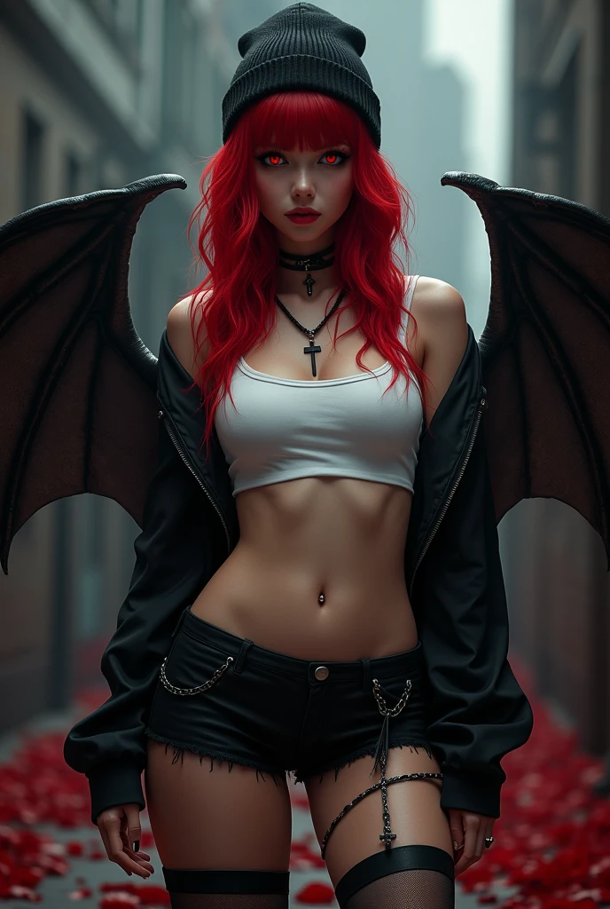 A sexy vampire goth girl with red hair, red eye, beanie hat,wearing a white crop top and jacket with a belly button piercing the belly ring is a cross, black short jean, black long stockings and vampire wing