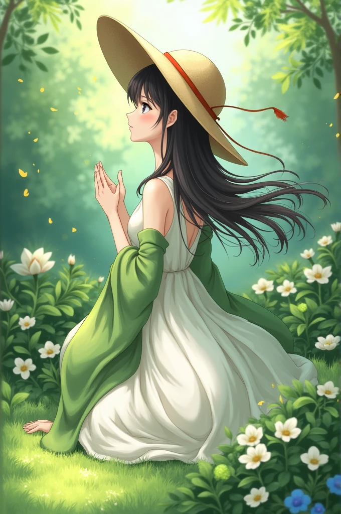 a japanese girl, long hair, straw hat, wearing a white dress, green plju, in garden