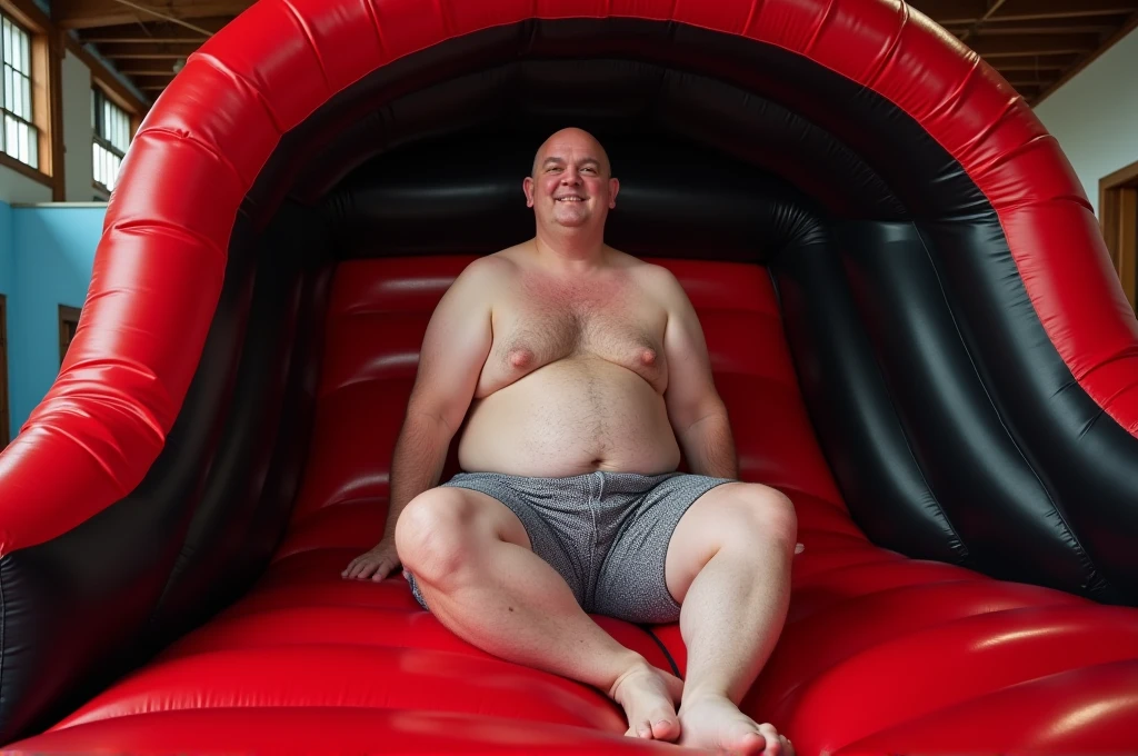 giant indoor inflatable theme park with a obese old man in swim trunks sitting on a large inflatable arch in a giant black and red indoor inflatable bounce house , bald, fat, inflatable, photo shoot, inflated pvc bounce house, giant bounce house, iflatable pool toys