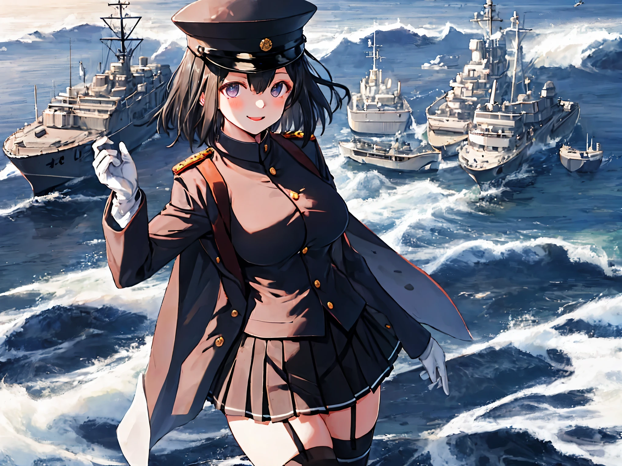 best quality, masterpiece, solo, {akitsu_maru_kantaicollection:1.15}, black_hair, short_hair, hat, peaked_cap, black_eyes, military, big_breasts, 1girl, black_headwear, looking_at_viewer,black_ military_uniform, uniform, military_hat, in_front_harbor_town_landscape_background, smile,(plump:0.7),,black_thigh-highs,joylight_open_mouth,white_skin