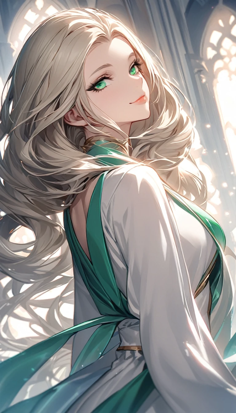 **Character Description:**
A woman in her mid-20s with striking platinum blonde hair that falls in soft, silky waves just past her shoulders. The cool, icy blonde color almost shimmers in the light, giving her an ethereal and radiant glow. Her hair, perfectly styled with natural volume, sways slightly as she turns to look back over her shoulder.
Her vivid emerald green eyes peek out from beneath long, dark lashes, their brightness standing out against the lightness of her hair. The angle of her gaze, looking back over her shoulder, adds an air of mystery and allure to her expression. Her eyes convey a sense of depth, curiosity, and just a hint of playfulness.
Her face is elegantly defined, with high cheekbones and a delicate, slightly pointed chin. The soft turn of her head accentuates these features, highlighting the smooth, flawless complexion of her fair skin. Her full, naturally rosy lips are curved into a subtle, knowing smile, suggesting confidence and an inviting warmth.
Her pose, with a slight twist to look back, adds a dynamic quality to her elegant presence, making her appear both graceful and intriguingly self-assured. The overall impression is one of effortless beauty, combined with a captivating and confident demeanor that leaves a lasting impression.