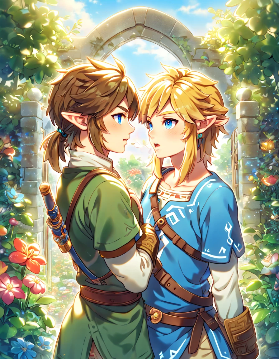 absurdres, highres, ultra detailed, HDR, master piece, best quality, extremely detailed face, delicated features, Link, brown hair, expressive blue eyes, The Legend Of Zelda, Link, blonde hair, expressive blue eyes, two sexy men together, gay couple, yaoi, handsome, green tunic, blue tunic, fantasy, magical, radiant, gate, flowers, garden, blue sky, green leaves, Twilight Princess & Breath Of The Wild