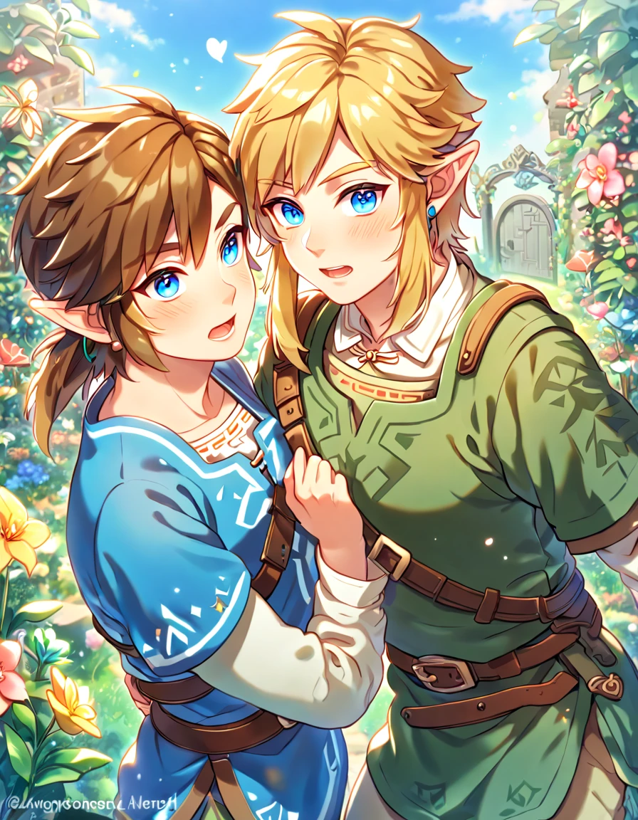 absurdres, highres, ultra detailed, HDR, master piece, best quality, extremely detailed face, delicated features, Link, brown hair, expressive blue eyes, The Legend Of Zelda, Link, blonde hair, expressive blue eyes, two sexy men together, gay couple, yaoi, handsome, green tunic, blue tunic, fantasy, magical, radiant, gate, flowers, garden, blue sky, green leaves, Twilight Princess & Breath Of The Wild
