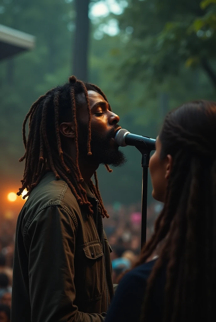 Un chanteur noir avec des locks sur scène en plein air entrain de chanter et regarder une femme.
L'atmosphère est remplie de d'émotion, une ambiance sombre avec des sentiments complexes.