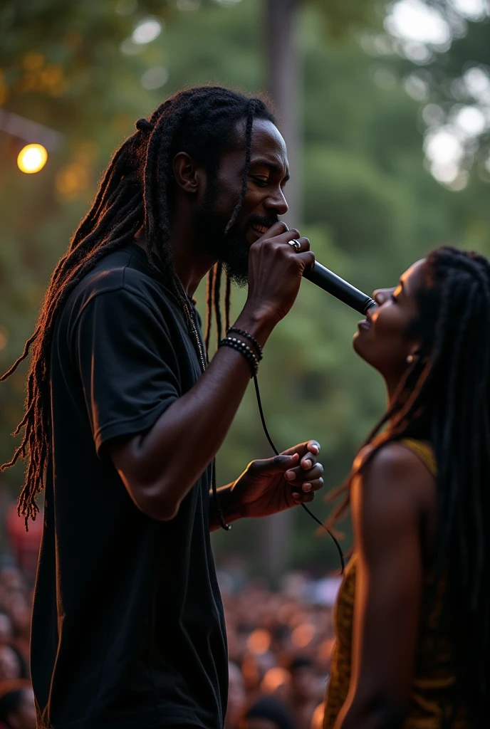 Un chanteur noir avec des locks sur scène en plein air entrain de chanter et regarder une femme.
L'atmosphère est remplie de d'émotion, une ambiance sombre avec des sentiments complexes.
