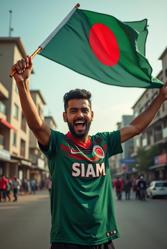 A 22-year-old boy is protesting with a Bangladeshi flag in his hand on the streets of the capital. Wearing the jersey of Bangladesh. 'SIAM' written in English on Jersey