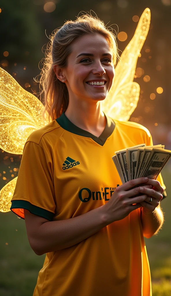 a magical fairy godmother wearing a São Paulo Football Club shirt. She should be holding a stack of money in one hand and spreading an enchanted glow around her.. The fairy must have delicate wings and a welcoming smile, with a background that highlights the magic and glamour of the moment." All clothing must be white with black and red stripes at the waist., with a face similar to Pablo Vittar