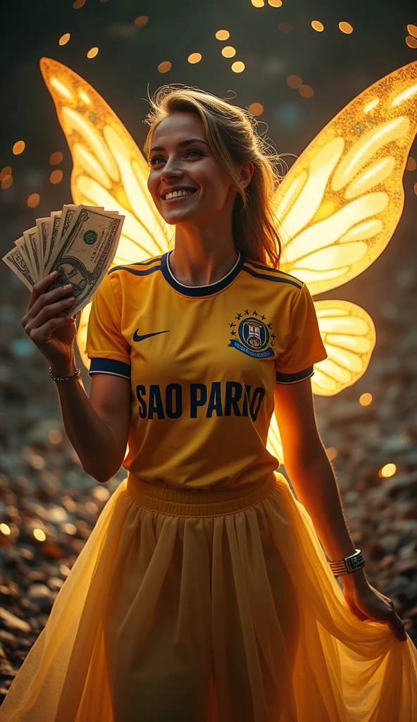 a magical fairy godmother wearing a São Paulo Football Club shirt. She should be holding a stack of money in one hand and spreading an enchanted glow around her.. The fairy must have delicate wings and a welcoming smile, with a background that highlights the magic and glamour of the moment."