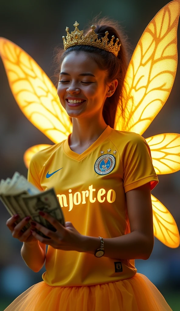 a magical fairy godmother wearing a São Paulo Football Club shirt. She should be holding a stack of money in one hand and spreading an enchanted glow around her.. The fairy must have delicate wings and a welcoming smile, with a background that highlights the magic and glamour of the moment."