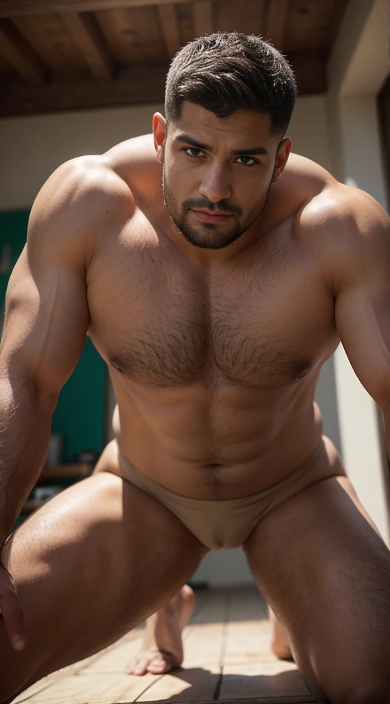 master piece、well-built、Full body photo、rugby players、Wild、BBW、muscular、eyes、masculine people、with short hair、fade cut. Whole body. , butt bent over( beige and red lycra) big butts, másterpiece 4k, handsome latino man (35 years old), eyes y varonil , captivating eyes, perfect face,( HdR)