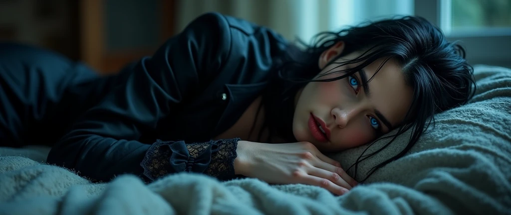 A sexy male  with super big indigo eyes and gems and long black hair, with nice and delicate face, dressed in gothic clothes, his skin is pale and snow white, he lies on the bed, looking sexual 