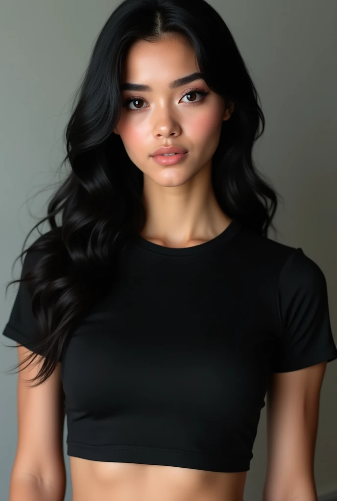 (photorealism:1.2), very beautiful and cute persian woman with black hair and black eye and eyebroww she is athlate with
withe skeen and black T shirt