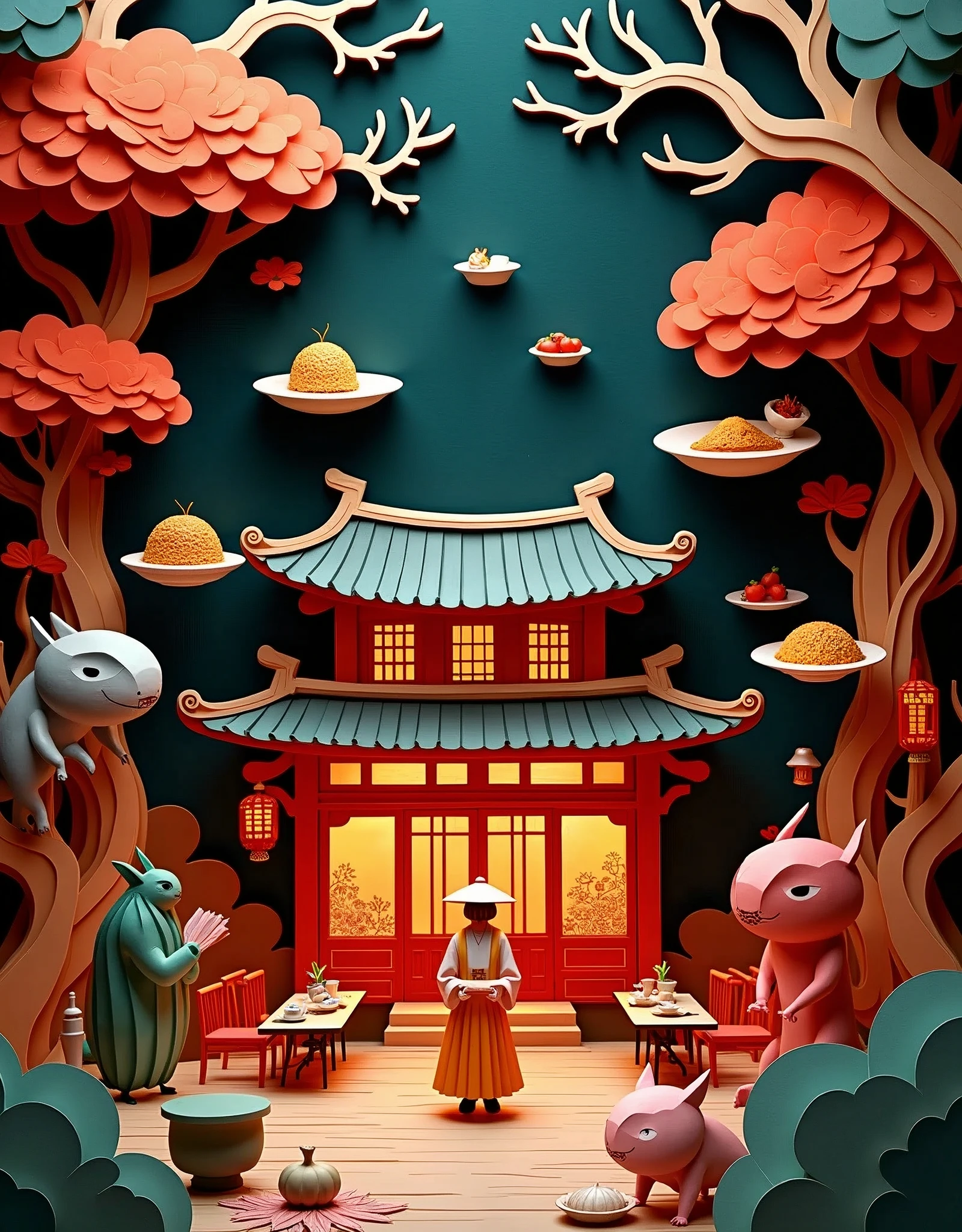 Papercut art. Kirigami. Origami. Illusion. A very detailed and intricate cutout of an ancient chinese restaurant with dishes of chinese food flowing, some monsters and trees flying around the dishes, mystery dark atmosphere at night, no human being, no one, only food