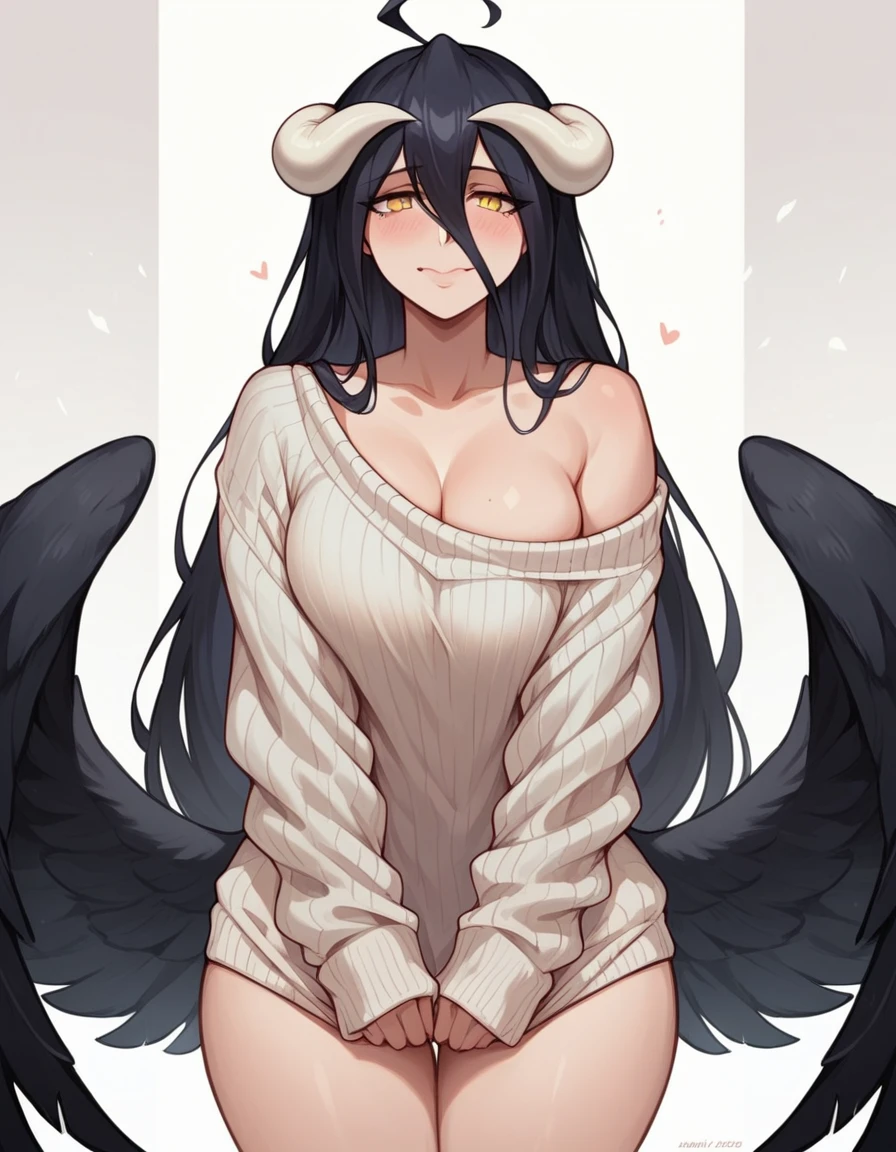 Albedo_overlord,black hair,eyes full of love,curvy body,medium breast,big hips, wearing oversized sweater only, background removed,nsfw.