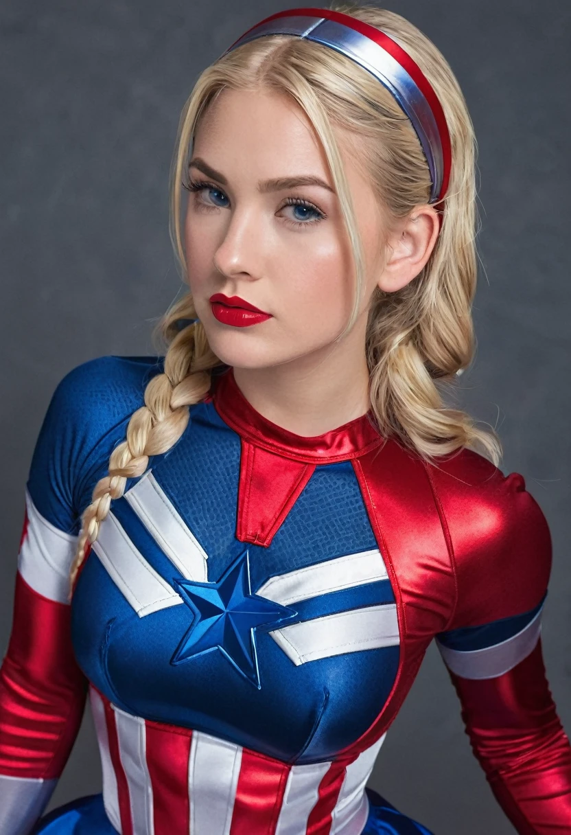 female steve rogers, detailed face, long platinum blond twin pigtails braided hair, wet red blue tight shiny captain america suit, ((white short skirt)), full body, ((visible cameltoe)), shy face, 1girl, solo, nipples, thick body, ((big breast)), (red blue silk pantyhose), red lipstick, sexy pose, visible cleavage, pink nipples, captain America crest, small pink headband