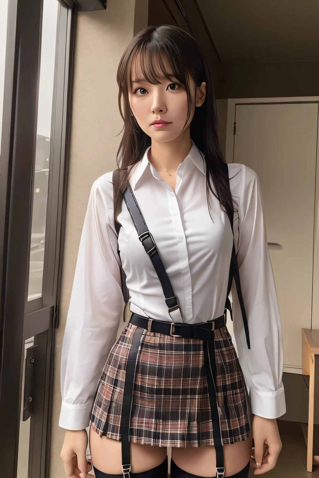 1 female, , high quality, masterpiece, Ultra-high resolution, Cinema Lighting, 1 female, , high quality, masterpiece, Ultra-high resolution, , Cinema Lighting, suspenders　　　Moderate breasts　 　 　　　　　 　　　　Small face　 　　　　　　　　　　　Looking up　　　　Sweat 　　　Thin belt　buzzer　脇Sweat 　　　　 　garter belt　　Belt on pants　　holster　 　　Hands behind your back　 　Looking up　Anxious face　Knee-high　Knee socks　Knee-highソックス 　garter　ふとももにgarter belt　Checkered mini skirt　 　　Panty shot　Skirt gap Armament　　　holster　holster 　　Hands behind your back　 Anxious expression　　Anxious face, legs apart　Armament　　Leg Holster　holster　See-through clothing　heavy rain　Rain-soaked dress shirt,Moderate breasts　ガーターbelt　suspenders　Garter on the thigh　Checkered mini skirt　Looking up　Pause　belt　Armpit sweat　Hands behind back　Raise your hands
