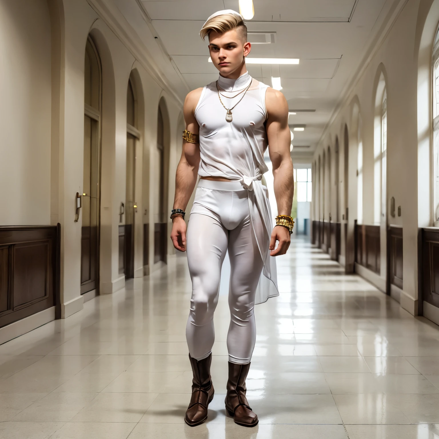 full body view, one cute fashion white european boy with brown undercut haircut, in sheer white outfit, white sheer tights, black steel cap toe boots, silver rings, necklaces, bracelets, looking arrogant at school in corridors