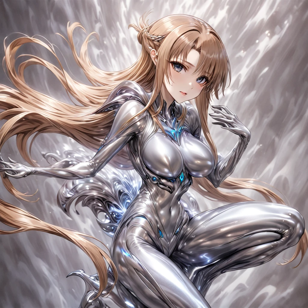 ((Highest quality)), ((masterpiece)), (detailed), (Perfect Face)、The woman is Yuuki Asuna, a completely metallic lifeform with metallic silver skin and face, and light brown metallic medium-long hair.、The woman is a metallic lifeform whose entire body and face are made of metal.