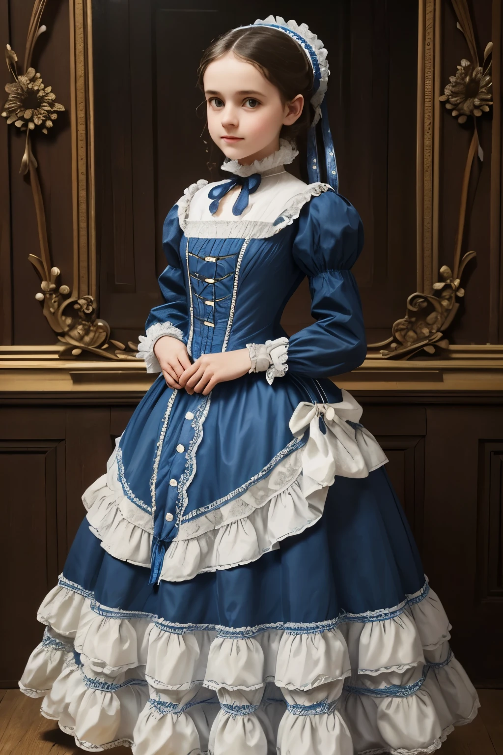 there is a young girl in a blue and white dress holding a purse, victorian style costume, victorian blue dress, victorian dress, dress in the style of rococo, historical baroque dress, victorian inspired clothing, rococo dress, wearing 1860s era clothes, wearing victorian clothes, wearing 1 8 5 0 s era clothes