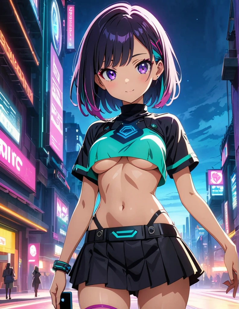 (anime artwork, anime style, studio anime, very detailed, up to date, vibrant, Anime Coloring, high contrast, masterpiece:1.2, best quality, best aesthetics),1 girl,cyber punk clothes, Medium chest, A glimpse of thighs,cyber punk hair, One eye is hidden by the bangs, perfect proportions, high detail skin, Cute, detailed faces, cutout between underboob and shirt,very short pleated miniskirt,makeup, smart phone,