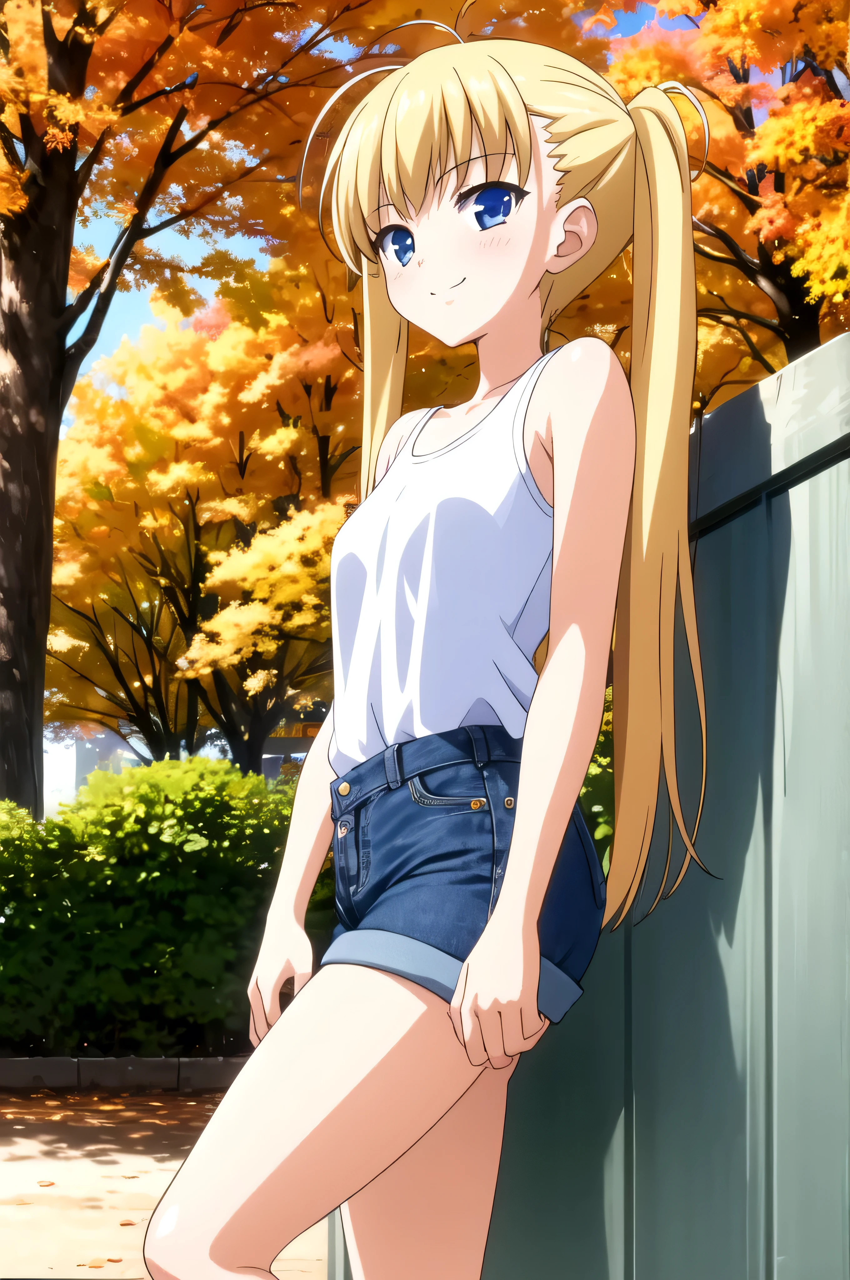 (masterpiece, Best Quality:1.2), absurdities, perfect anatomy, 1 girl, (cocky smile:1.2), to throw, looking at the viewer, hand on cheek, blunt bangs, outdoor, autumn, rosa \, ( Denim shorts:1.1), Focus only, Soft lighting, public park, (blue eyes), blonde, Airi Akizuki