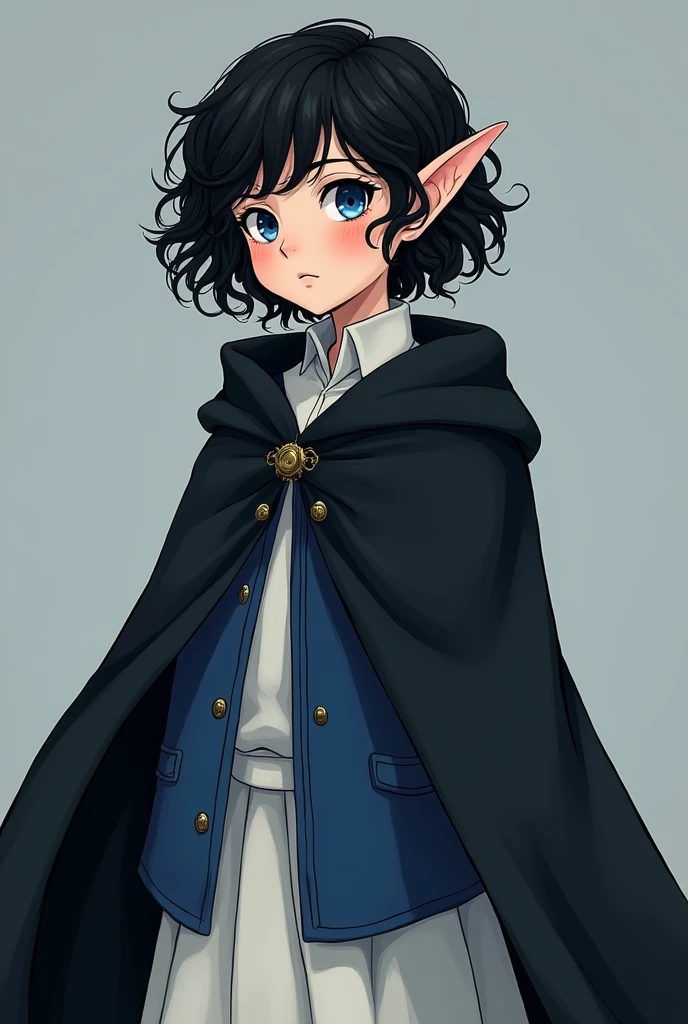 Elf 19 years old, Blue eyes, black short curly hair, white stockings, long skirt, and a nice cotton shirt and a blue jacket, black cloak