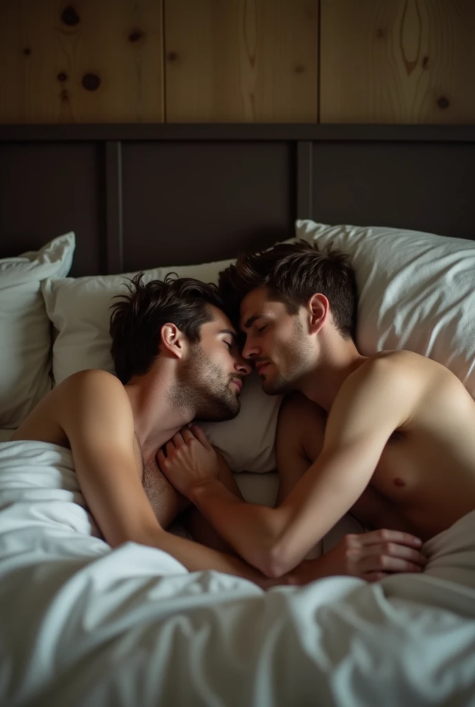 two adult boys in an intimate moment in bed, the active one cumming really nice and deep in the passive one 