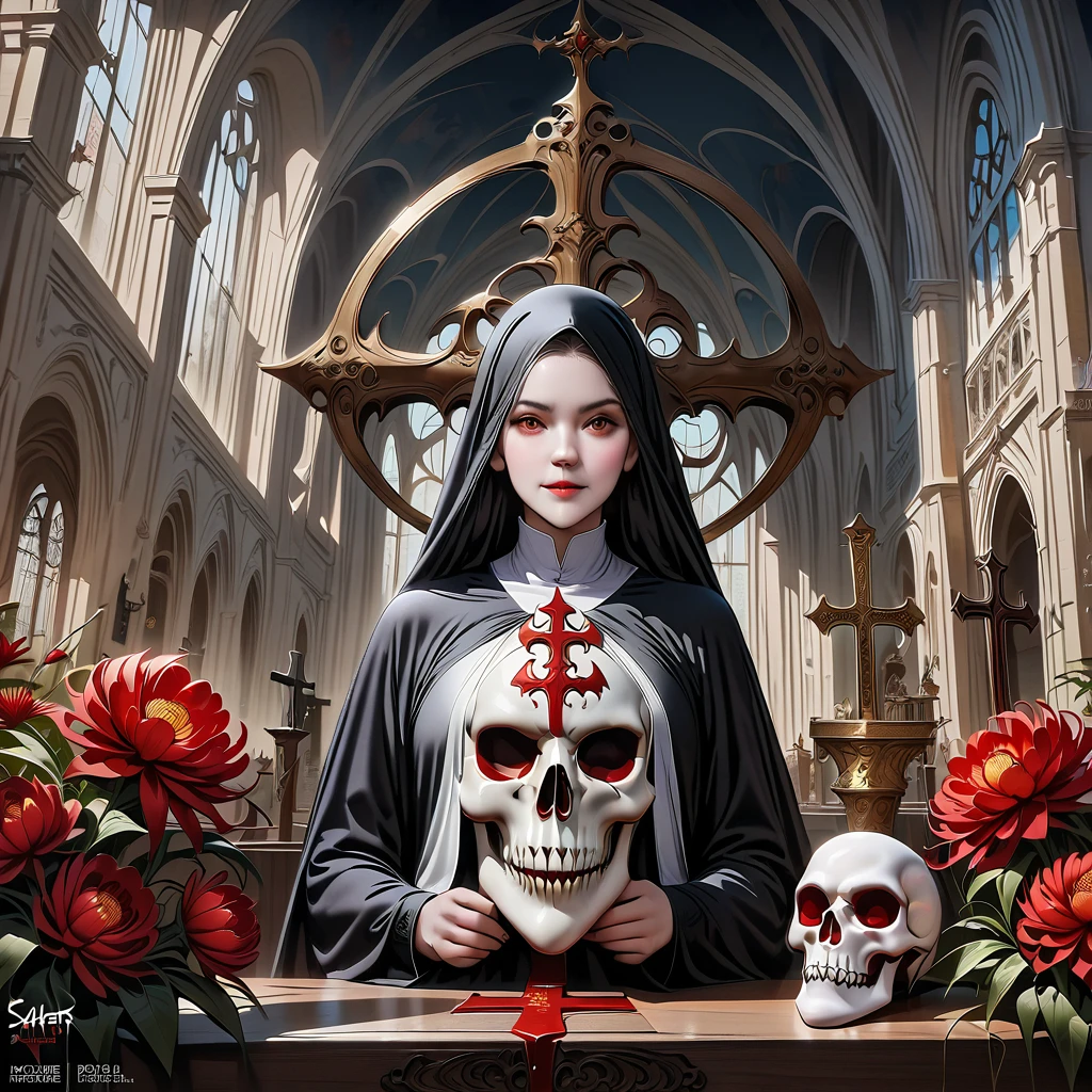 (best qualityer,4K,8k,high resolution,work of art:1.2),super verbose,(real,Photoreal,photo-real:1.37),Spacious church,Giant cross，flame cross，beautiful nun,(meticulously done,marvelous) mask,demons around,skull,bloody,red lily,red chrysanthemum,Flame,Lumiere.