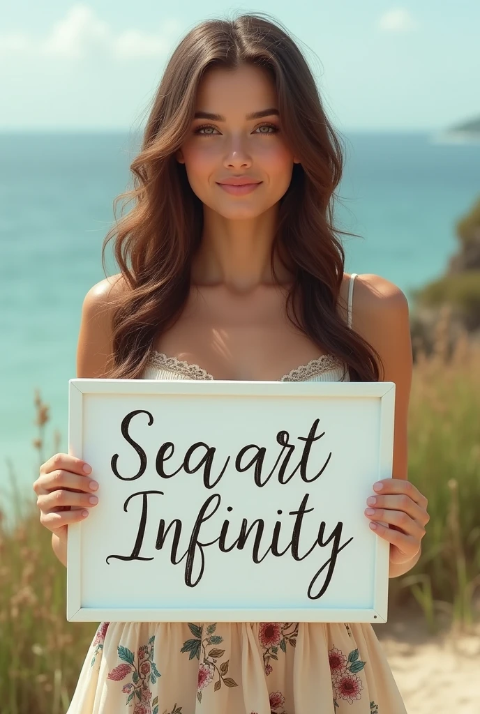 Beautiful girl with wavy long hair, bohemian dress, holding a white board with text "I Love Seaart Infinity" and showing it to the viewer