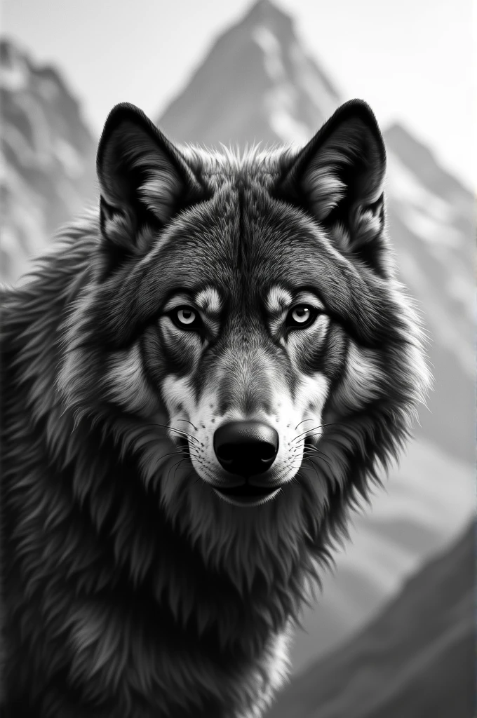 Wolf head with mountain in background in grayscale