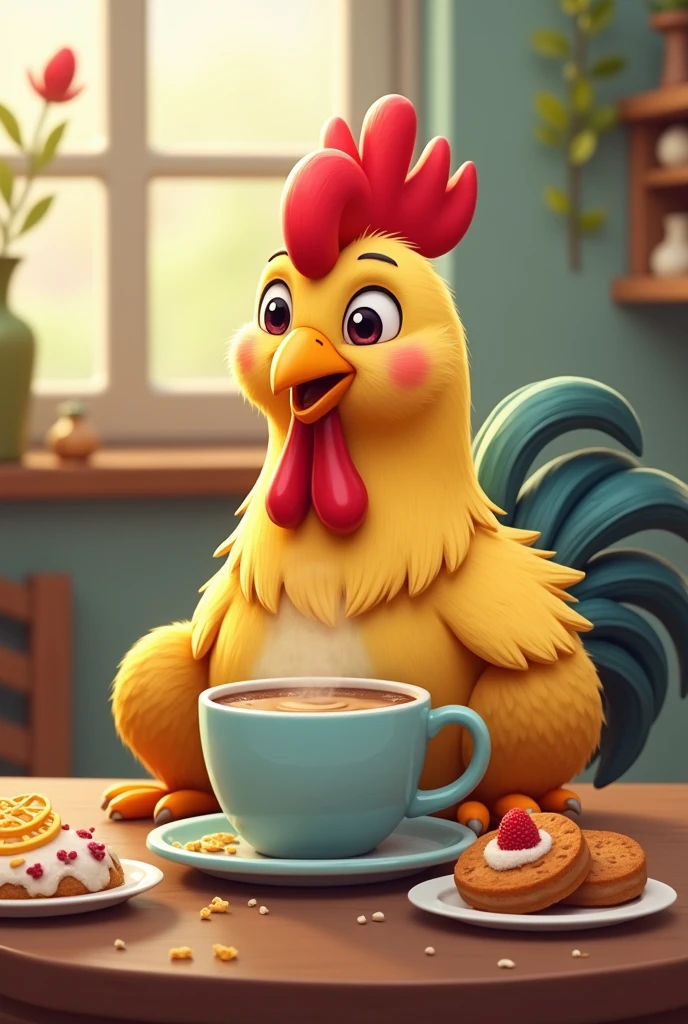 Cute rooster drinking coffee and eating food