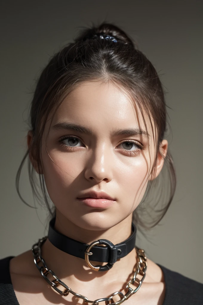Ultra-realistic capture, Highly detailed, High resolution 16k close-up of human skin. Skin texture must be natural, With such detail that pores can be finely identified, Skin should look healthy, In a uniform tone, Use natural light and color, photo realistic, Full Body Shot, full body, woman with a collar tied to her and a chain around her neck, restrained, wearing steel collar, slave collar, prison uniform, prison, Narrow underground space