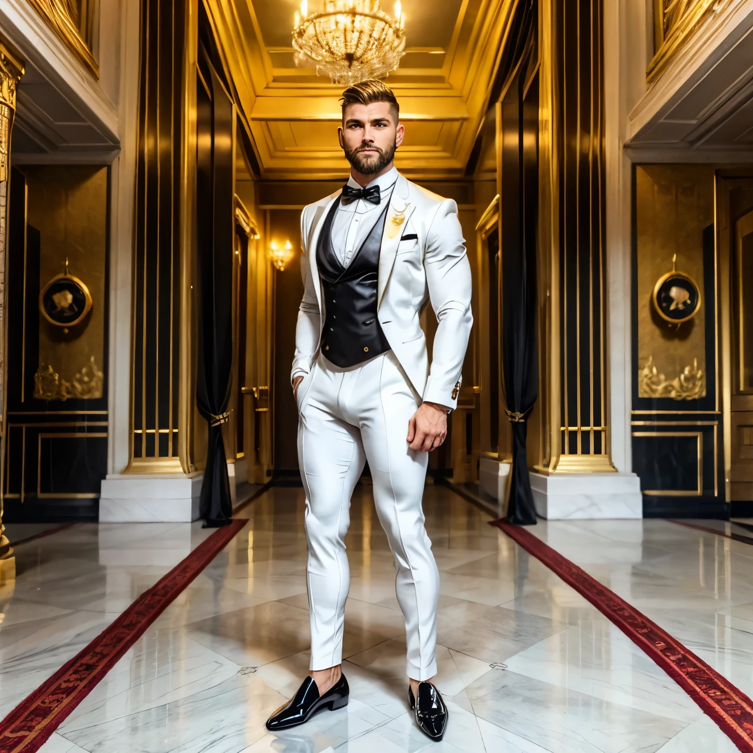 full view, full body, one over-muscular over-bodybuilded handsome white european guy with light-brown undercut haircut, very thin beard, ,no moustache, wearing hyper-tight white lycra suit looking like a tuxedo with black bow tie, black silky lycra socks and black patent shoes, golden rings, waiting standing in the hall of luxurious palace hotel in Paris