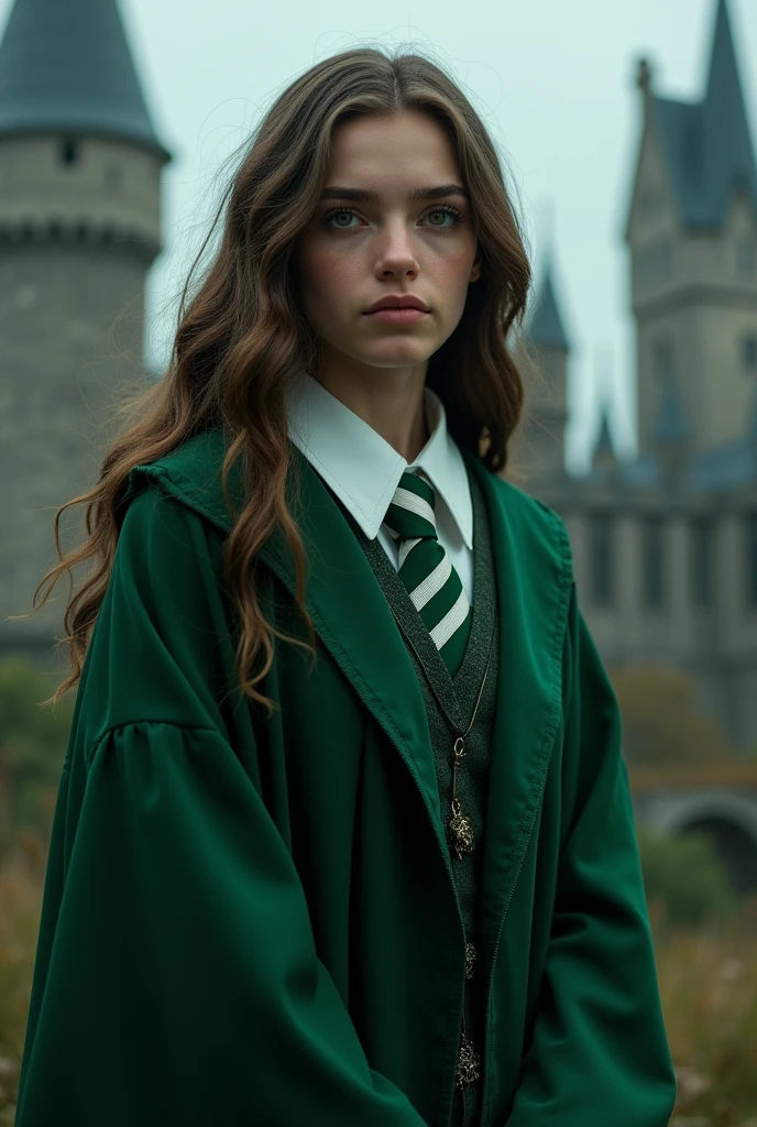 daughter of severus snape, in slytherin costume, student, linda, attractive, young, 15 years, something would be.