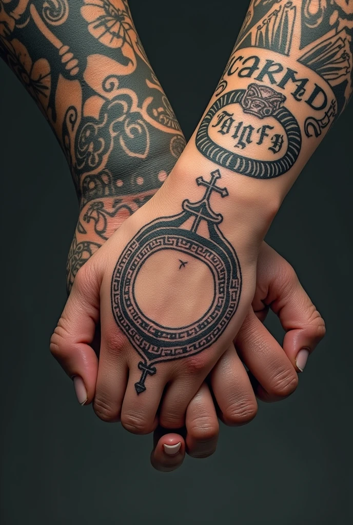 Ring rosary on a phalanx tattoo style man and woman