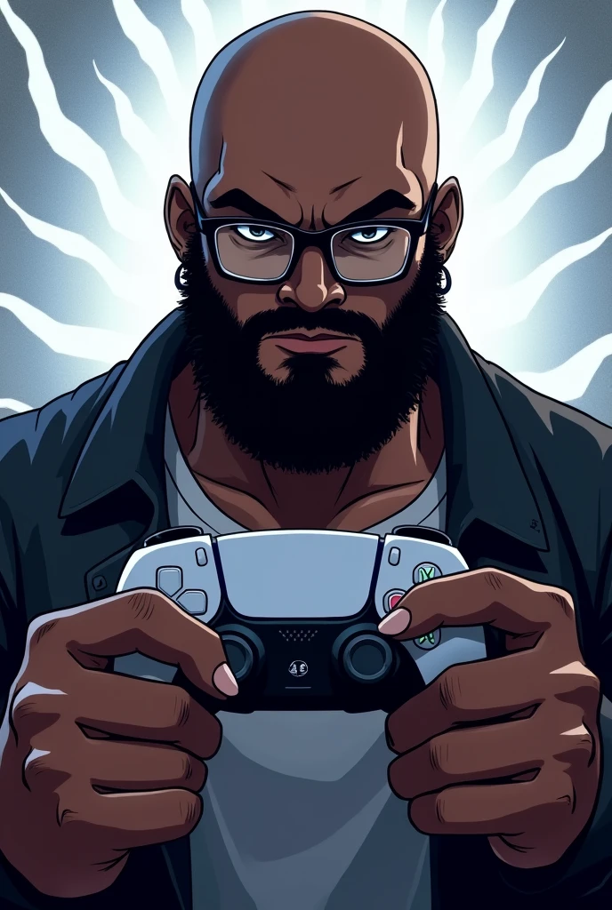 Black man anime image, baldie, big beard , without earrings, with square glasses, holding a PlayStation 5 controller with both hands in order to play