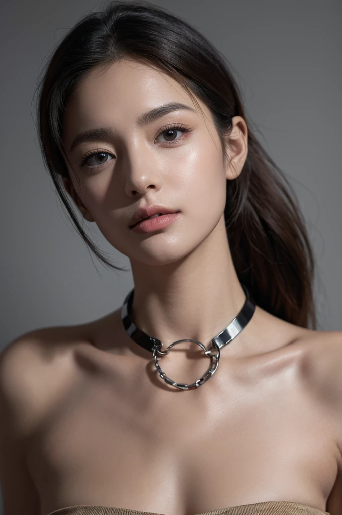 Ultra-realistic capture, Highly detailed, High resolution 16k close-up of human skin. Skin texture must be natural, With such detail that pores can be finely identified, Skin should look healthy, In a uniform tone, Use natural light and color, photo realistic, Full Body Shot, full body, woman with a collar tied to her and a chain around her neck, restrained, wearing steel collar, slave collar, prison uniform, prison, Narrow underground space