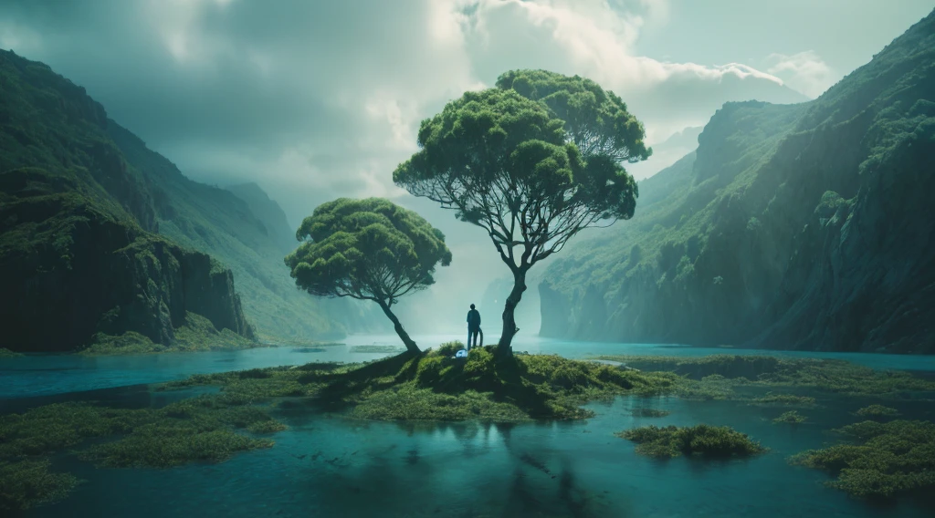 Photorealistic drone photo of a mountain slope covered in dense vegetation with a mist of humidity. In the center of the picture is a man with a faithful dog and a drone explorer. They set foot on a lonely unknown planet, A certain visible and invisible oceans stretched before the eyes of the astronaut, boasting a variety of shades from turquoise to deep blue. Islands, covered with strange and magical trees, shone on the surface of the water, Like little gems. Kodak ektar film, 35mm photography, professional lighting, deep aesthetic, microscopic details, contemporary art, dreamlike surrealism, The scene is epic and mysterious, reminiscent of the X-Files, dreamy, ethereal, ultra-detailed, Strong contrast, Good depth of field, 8K wallpaper, Masterpiece, Aesthetic illustration in realistic style, Dark Clouds almost completely covered the sky, the air is very humid, urgently outside, In the background, huge, incomprehensible but interesting and exciting jellyfish-shaped capsules grow from the ground into the sky, alien structures look like jellyfish in the background,
