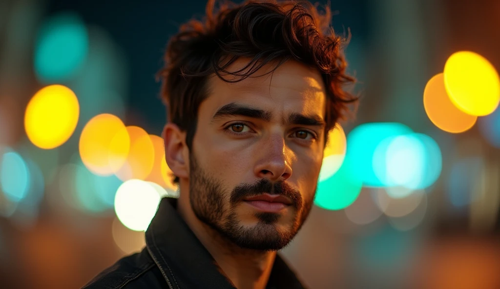 Portrait of a 35-year-old adult man with a youthful appearance, with himself as the main subject. He is in an urban night scene with a vibrant bokeh effect in the background. The man should be looking directly at the camera with a serious, thoughtful expression. He should have short, slightly wavy dark brown hair and a sparse beard evenly distributed across his face. The lighting should be soft and from the right, illuminating one side of the face and leaving the other in soft shadows, with a quality of light similar to that of a streetlight or diffused light source. The background should be blurred with a bokeh effect, transforming the urban lights into large diffuse circles of various colors, including yellow, green, blue and orange. The environment should suggest a busy urban street at night, with lights from vehicles and street lamps, but blurred enough not to distract the man's attention. Use a vibrant color palette, with a mix of warm and cool tones, creating an interesting contrast between the man and the background. The depth of field should be wide, isolating the main subject from the background, and sharpness should be maximum in the face and eyes. The photograph must capture extreme detail, with a high-quality rendering in 8k, with professional photographic quality and attention to detail that conveys the realism of a street at night, bokeh, soft and diffused lighting. The image must be high resolution with attention to detail and realism.