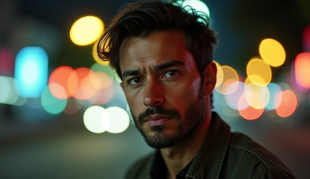 Portrait of a 35-year-old adult man with a youthful appearance, with himself as the main subject. He is in an urban night scene with a vibrant bokeh effect in the background. The man should be looking directly at the camera with a serious, thoughtful expression. He should have short, slightly wavy dark brown hair and a sparse beard evenly distributed across his face. The lighting should be soft and from the right, illuminating one side of the face and leaving the other in soft shadows, with a quality of light similar to that of a streetlight or diffused light source. The background should be blurred with a bokeh effect, transforming the urban lights into large diffuse circles of various colors, including yellow, green, blue and orange. The environment should suggest a busy urban street at night, with lights from vehicles and street lamps, but blurred enough not to distract the man's attention. Use a vibrant color palette, with a mix of warm and cool tones, creating an interesting contrast between the man and the background. The depth of field should be wide, isolating the main subject from the background, and sharpness should be maximum in the face and eyes. The photograph must capture extreme detail, with a high-quality rendering in 8k, with professional photographic quality and attention to detail that conveys the realism of a street at night, bokeh, soft and diffused lighting. The image must be high resolution with attention to detail and realism.