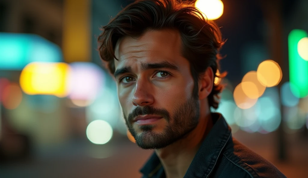 Portrait of a 35-year-old adult man with a youthful appearance, with himself as the main subject. He is in an urban night scene with a vibrant bokeh effect in the background. The man should be looking directly at the camera with a serious, thoughtful expression. He should have short, slightly wavy dark brown hair and a sparse beard evenly distributed across his face. The lighting should be soft and from the right, illuminating one side of the face and leaving the other in soft shadows, with a quality of light similar to that of a streetlight or diffused light source. The background should be blurred with a bokeh effect, transforming the urban lights into large diffuse circles of various colors, including yellow, green, blue and orange. The environment should suggest a busy urban street at night, with lights from vehicles and street lamps, but blurred enough not to distract the man's attention. Use a vibrant color palette, with a mix of warm and cool tones, creating an interesting contrast between the man and the background. The depth of field should be wide, isolating the main subject from the background, and sharpness should be maximum in the face and eyes. The photograph must capture extreme detail, with a high-quality rendering in 8k, with professional photographic quality and attention to detail that conveys the realism of a street at night, bokeh, soft and diffused lighting. The image must be high resolution with attention to detail and realism.