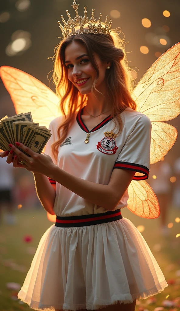 a magical fairy godmother wearing a São Paulo Football Club shirt. She should be holding a stack of money in one hand and spreading an enchanted glow around her.. The fairy must have delicate wings and a welcoming smile, with a background that highlights the magic and glamour of the moment." All clothing must be white with black and red stripes at the waist.