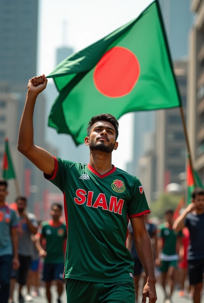 A 21-year-old boy is protesting with a Bangladeshi flag in his hand on the streets of the capital. Wearing the jersey of Bangladesh. 'SIAM' written in English on Jersey
