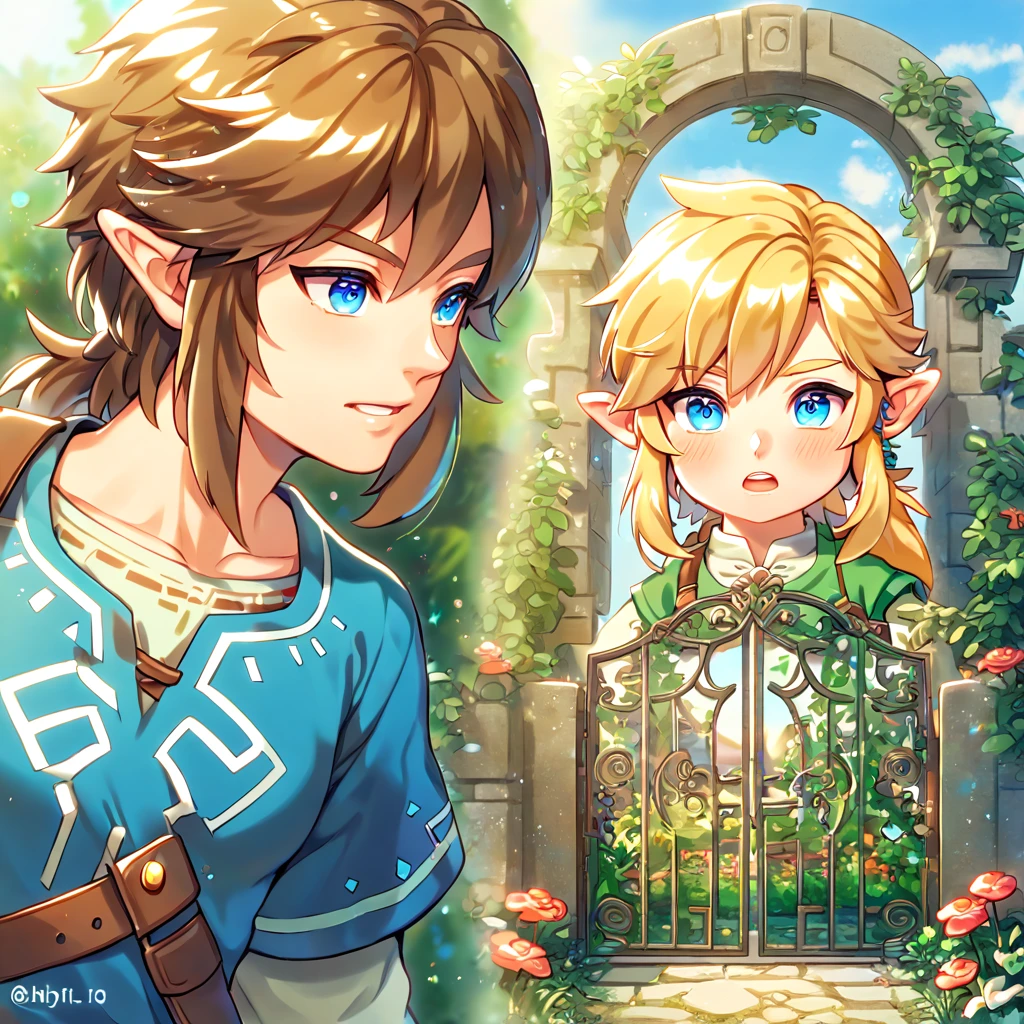 absurdres, highres, ultra detailed, HDR, master piece, best quality, extremely detailed face, delicated features, Link, brown hair, expressive blue eyes, The Legend Of Zelda, Link, blonde hair, expressive blue eyes, two sexy men together, gay couple, yaoi, handsome, green tunic, blue tunic, fantasy, magical, radiant, gate, flowers, garden, blue sky, green leaves, Twilight Princess & Breath Of The Wild