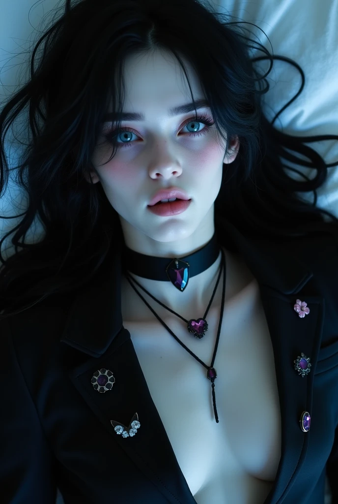 A sexy male with super big indigo eyes and gems and long black hair, with nice and delicate face, dressed in gothic clothes, his skin is pale and snow white, he lies on the bed, looking sexual 