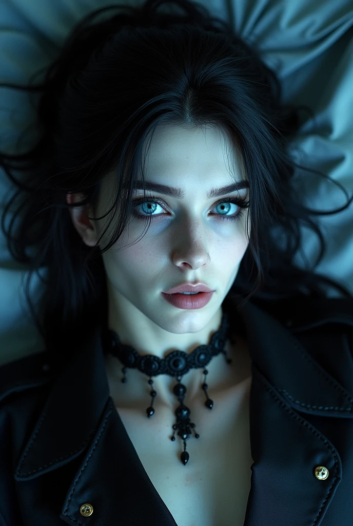 A sexy male with super big indigo eyes and gems and long black hair, with nice and delicate face, dressed in gothic clothes, his skin is pale and snow white, he lies on the bed, looking sexual