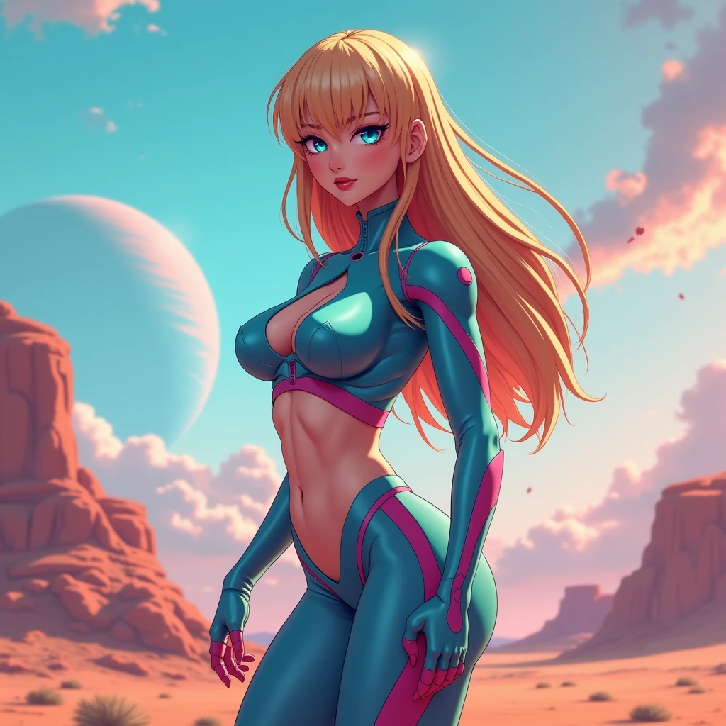 mesmerizingly beautiful ciano e magenta zero suit samus aran, latex clothing, deserted alien planet landscape, planet in the sky, friendly, inviting, looking at viewer, muscular arms, muscular abs, athletic body, pussy, huge breasts, detailed, raw photo, photorealistic, professional photograph, attractive, stunning, cinematic, intricate, artistic, highly complimentary colors, perfect composition