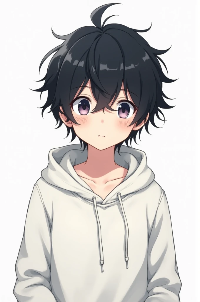 Black haired anime boy with white hoodie 