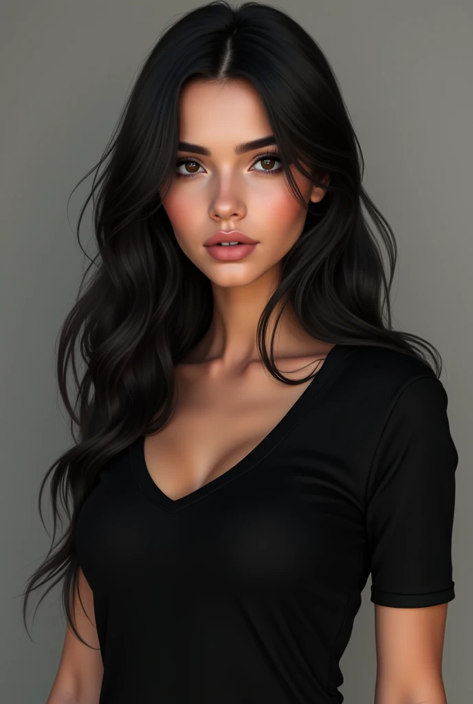 (photorealism:1.2), very beautiful and cute persian woman with black hair and black eye and eyebroww she has beautiful breast and health with 
withe skeen and black T shirt 